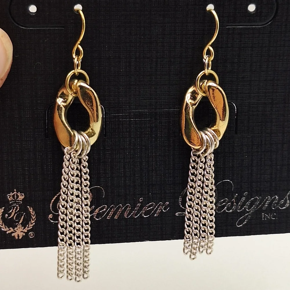 Premier Designs Gold & Silver Chain Tassel Earrings NWT Mixed Metal Dangle